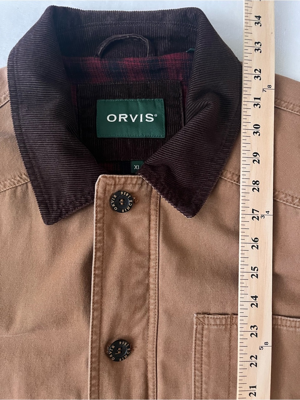 Orvis Heritage Canvas Barn Coat with Dark Brown Corduroy Collar & Plaid Lining - Picture 9 of 16